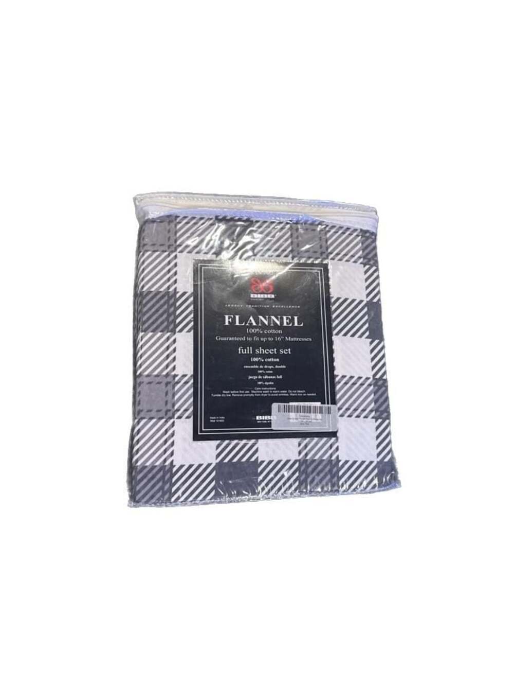 BIBB Home Full Size 100% Cotton Flannel Sheet Set Grey & White Buffalo Plaid